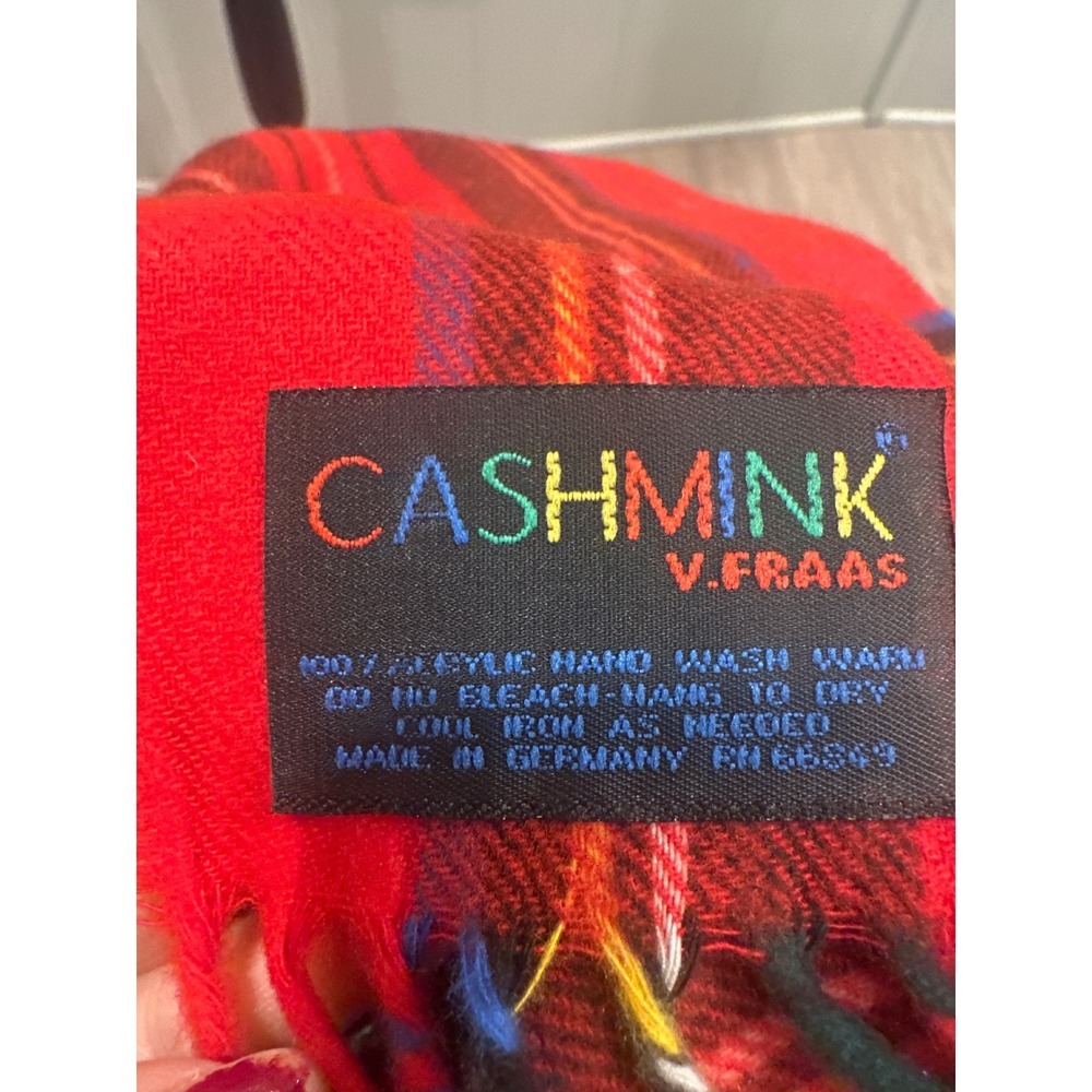 Cashmink V Fraas Red Plaid winter fall  Scarf Fringe Germany 13x65 holiday - Picture 6 of 6